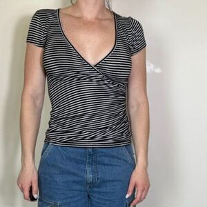 Vintage Cache Sparkly Black and White V Neck Short Sleeve Top Size XS